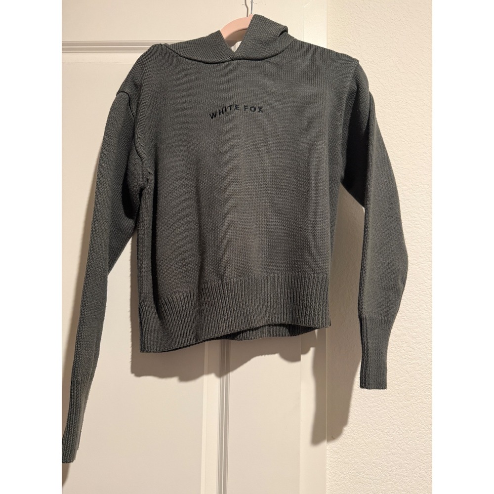 White Fox Boutique Gray Knit Hoodie Sweater Embroidered Logo XS/S